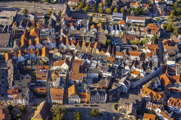 Aerial view, city centre, old town hall, Am Markt, fire defence tower, beer fountain, Lübbecke,