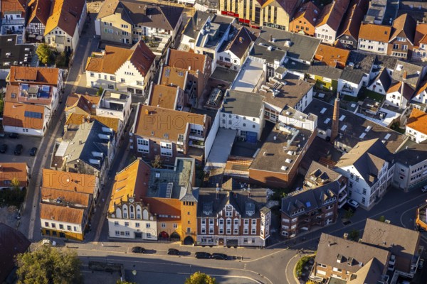 Aerial view, city centre, old town hall, Am Markt, fire station defence tower, Lübbecke, East