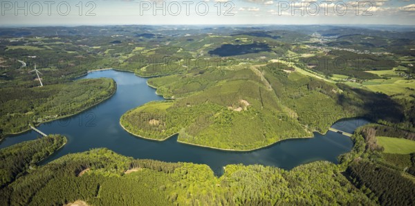 Aerial view, Verse dam, Klamer bridge, dam wall, forest area, Lüdenscheid, Märkischer Kreis,
