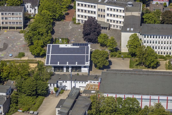 Aerial view, Zeppelin-Gymnasium, school hall with solar system, Lüdenscheid, Märkischer Kreis,