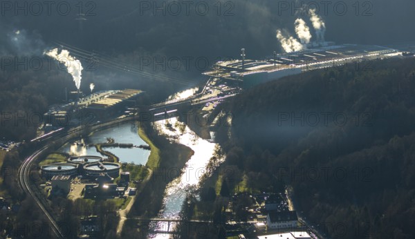 Aerial view, River Lenne backlit, Iserlohn-Letmathe sewage treatment plant, Hagen, Ruhr area, North