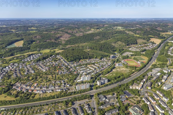 Aerial view, motorway A46, stadium Kirchenberg, residential area Im Sonnenwinkel,