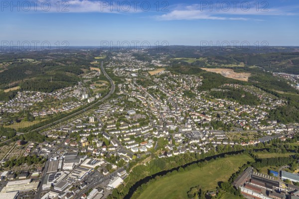 Aerial view, motorway A46, city centre view and commercial area Elseyer Straße, river Lenne,