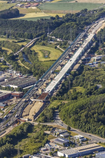 Aerial view, new construction of the Lennetal bridge A45, Berchum, Sauerland line, motorway bridge,