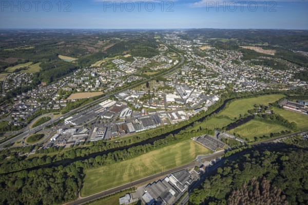 Aerial view, motorway A46, city centre view and commercial area Elseyer Straße, river Lenne,