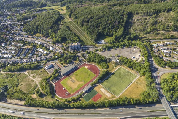 Aerial view, stadium above ground high voltage road, high voltage pylons, planned HStädt. building