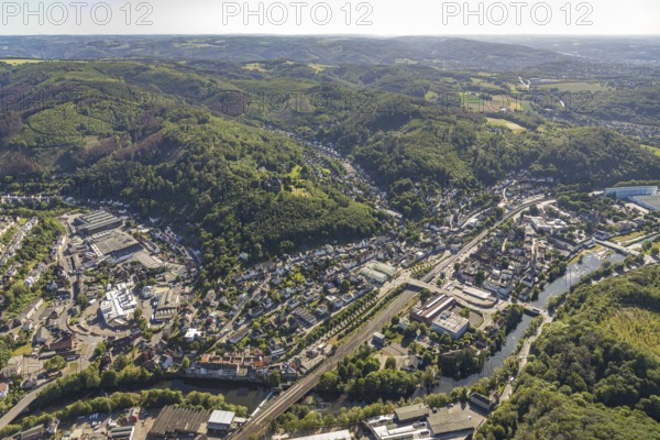 Aerial view, aerial view, Hohenlimburg railway station, river Lenne, Hagen-Hohenlimburg, Ruhr area,