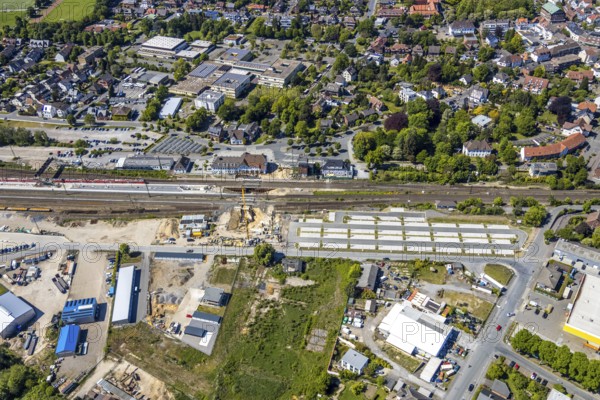 Aerial view, track reconstruction construction site Haltern station, Park&Ride car park at Haltern