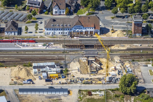 Aerial view, track reconstruction construction site Haltern station, Haltern am See, Münsterland,
