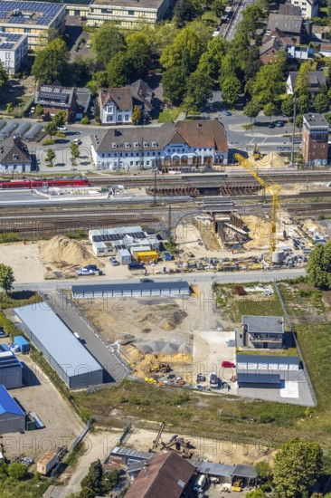 Aerial view, track reconstruction construction site Haltern station, Haltern am See, Münsterland,