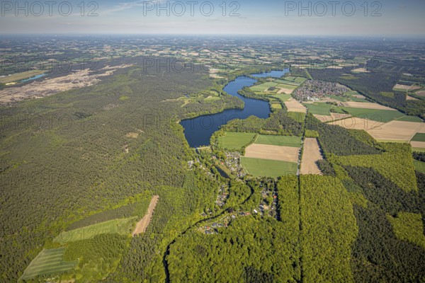 Aerial view, Hullern dam, Hullern reservoir, river Stever, view of Hullern, Haltern am See,