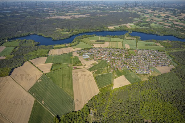 Aerial view, Hullern dam, Hullern reservoir, river Stever, view of Hullern, Haltern am See,