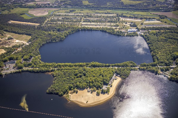 Aerial view, Haltern reservoir, Haltern lake terraces, southern beach, Haltern am See, Münsterland,