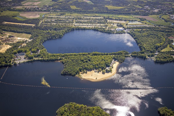 Aerial view, Haltern reservoir, Haltern lake terraces, southern beach, Haltern am See, Münsterland,