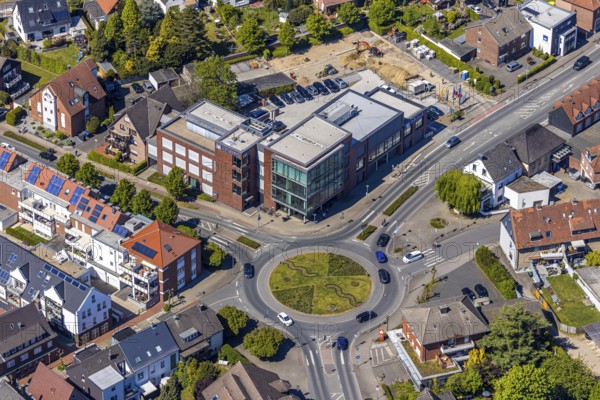 Aerial view, construction site at Volksbank building, Haltern am See, Münsterland, Ruhr area, North