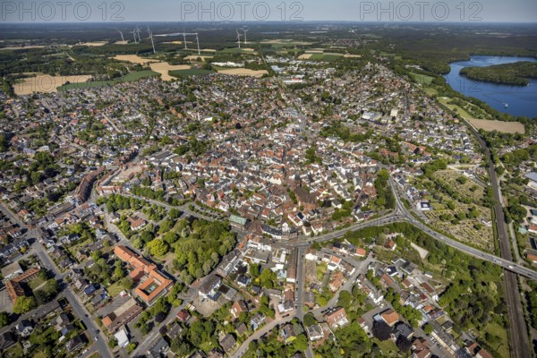 Aerial view, town view and old town, Haltern town hall, wind turbines, Haltern am See, Münsterland,