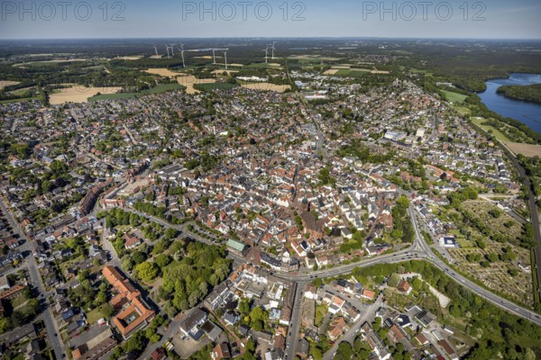 Aerial view, town view and old town, Haltern town hall, wind turbines, Haltern am See, Münsterland,