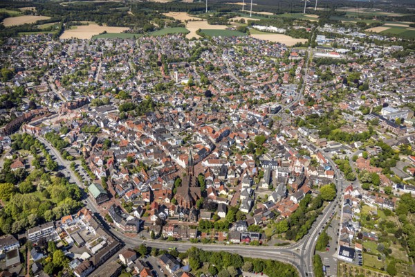 Aerial view, city view and old town, wind turbines, Haltern am See, Münsterland, Ruhr area, North