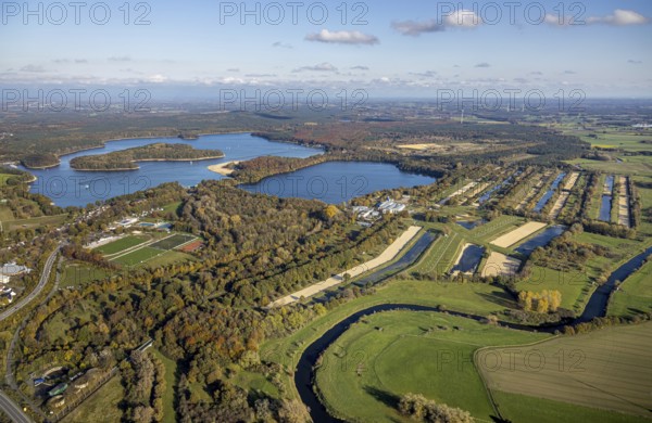 Aerial view, GELSENWASSER AG Haltern waterworks, filter basin, Haltern reservoir, Lippe river,