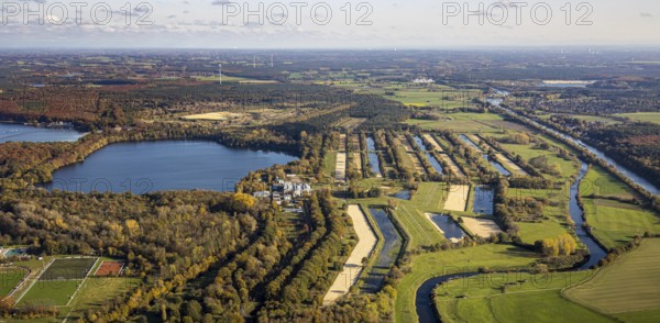 Aerial view, GELSENWASSER AG Haltern waterworks, filter basin, Haltern reservoir, Lippe river,