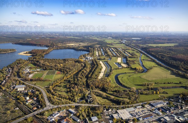 Aerial view, GELSENWASSER AG Haltern waterworks, filter basin, Haltern reservoir, Lippe river,