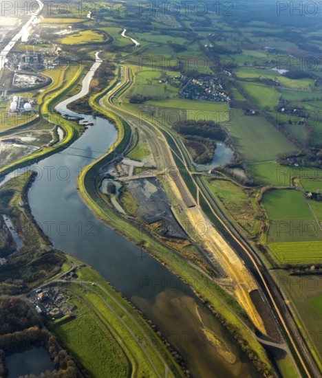 Aerial view of the Lippe floodplain and river Lippe with Lippe dike renewal and dike extension in