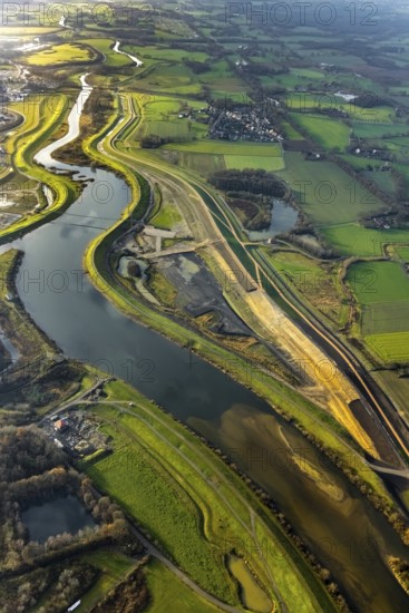 Aerial view of the Lippe floodplain and river Lippe with Lippe dike renewal and dike extension in