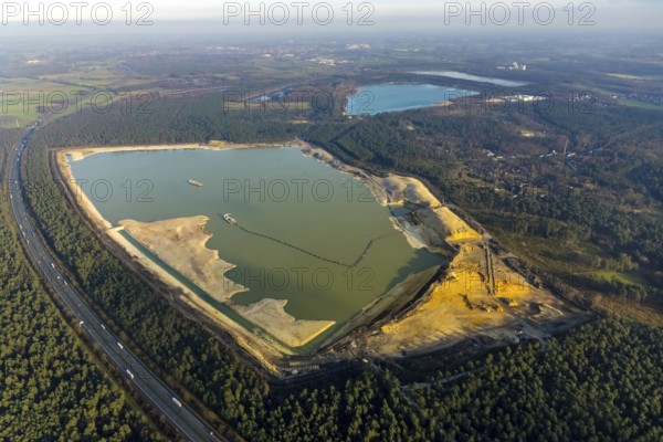 Aerial view of the Silbersee with quartz sand extraction in a forest area in the district