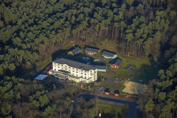 HALTERN AM SEE 16.12.2020 Aerial view of the DJH youth hostel Haltern am See in the wooded area at