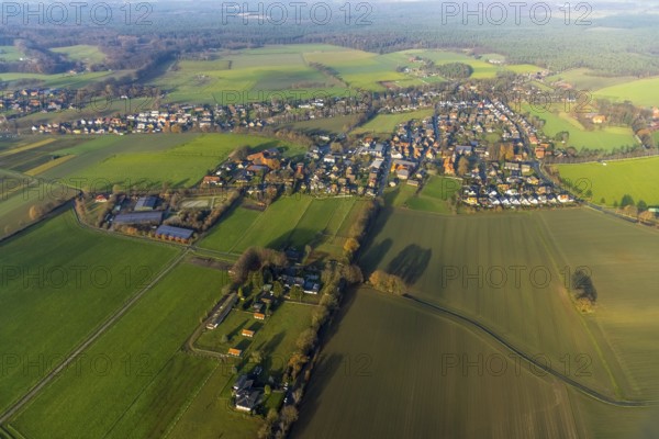 Aerial view of the catholic St.St. Anthony's Church and local view of Lavesum in Haltern am See in