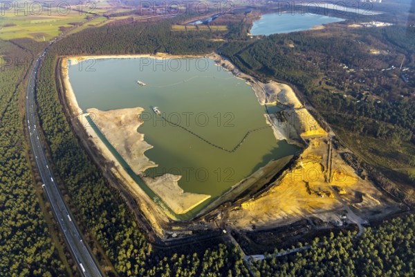 Aerial view of the Silbersee with quartz sand extraction in a forest area in the district