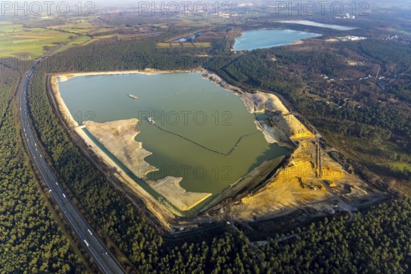 Aerial view of the Silbersee with quartz sand extraction in a forest area in the district