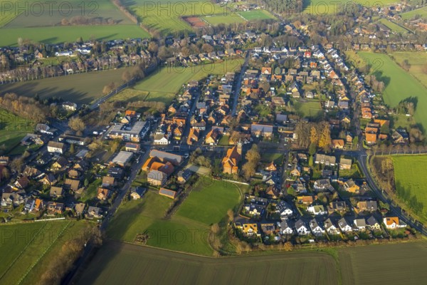 Aerial view of the catholic St.St. Anthony's Church and local view of Lavesum in Haltern am See in