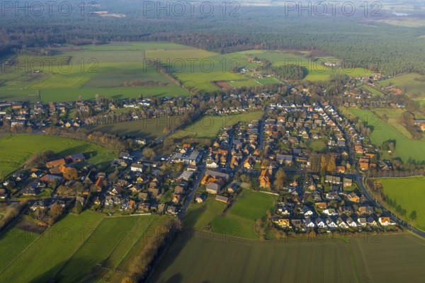 Aerial view of the catholic St.St. Anthony's Church and local view of Lavesum in Haltern am See in