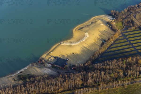 Aerial view of the bathing beach at Silbersee II in the district Lehmbraken in Haltern am See in