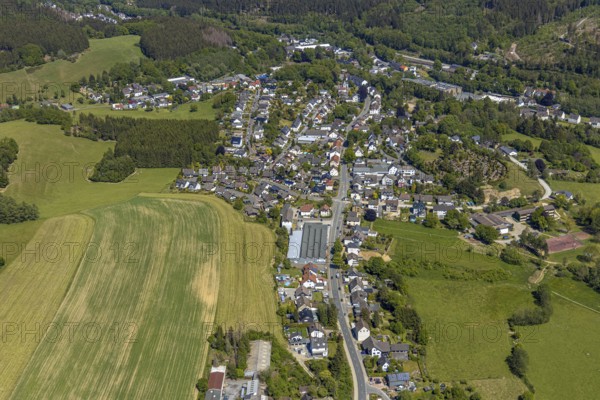Aerial view, local view Oberbrügge, Natürlich Wohnen Massivholzmöbel GmbH, Evangelical Church