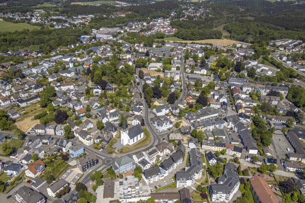 Aerial view, evang. Nicolai church, town centre, Halver, Märkischer Kreis, Sauerland, North