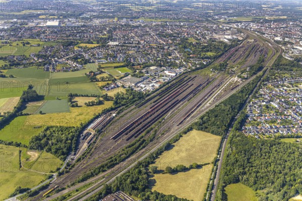 Aerial view, marshalling yard, freight yard Hamm, Lohauserholz, Hamm, Ruhr area, North
