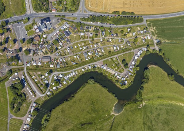 Aerial view, campsite on the Lippe, Lippborg, Lippetal, Ruhr area, North Rhine-Westphalia, Germany,