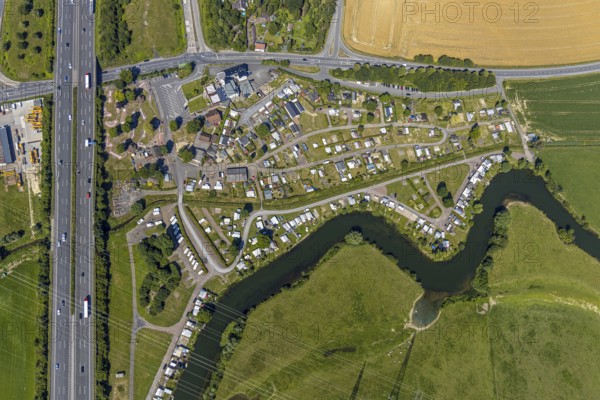 Aerial photo, A2 motorway, junction 19 Hamm-Uentrop, campsite on the Lippe, Hamm, Ruhr area, North