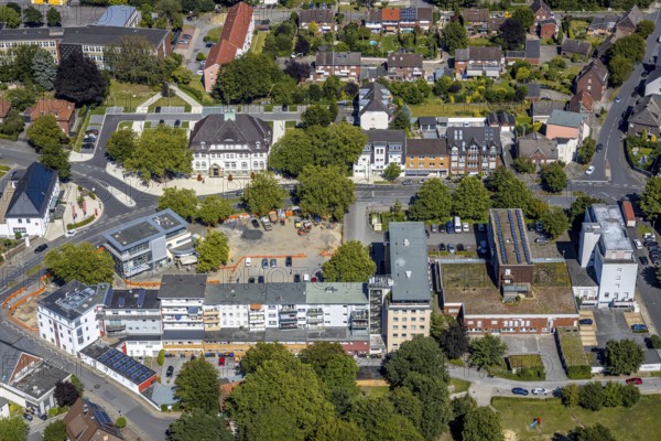 Aerial view, construction site remodelling - renewal market place, Heessen, Hamm, Ruhr area, North