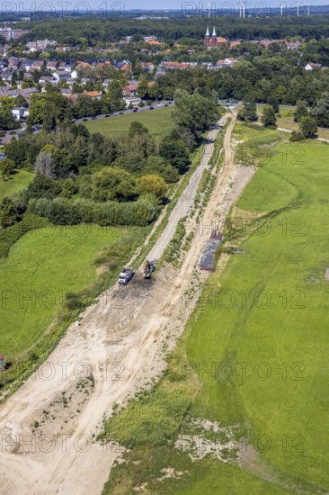 Aerial photo, construction site new sheet pile wall Lippewiesen, Hamm, Ruhr area, North