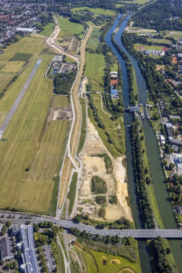 Aerial view, construction site Erlebensraum Lippeaue, Datteln-Hamm-Canal, sports fields of HTC