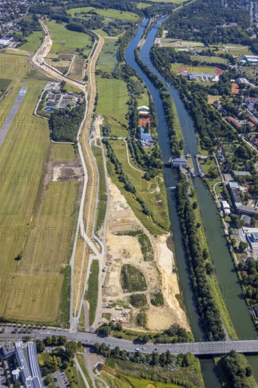 Aerial view, construction site Erlebensraum Lippeaue, Datteln-Hamm canal, sports fields of the HTC