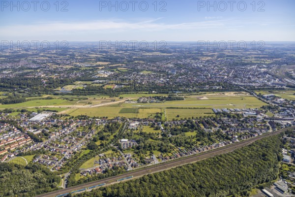 Aerial view, overview from Heessen over city centre, Lippe meadows, Lippe reconstruction, airfield