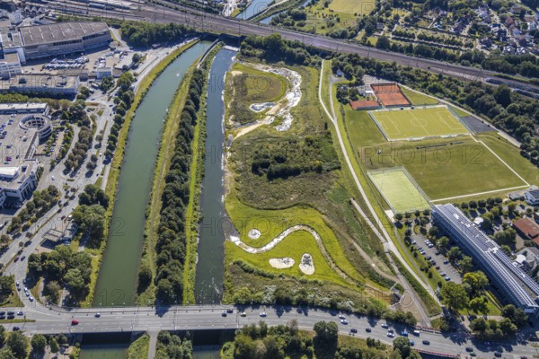 Aerial view, construction site Lippe floodplain, construction site water sports centre, sports