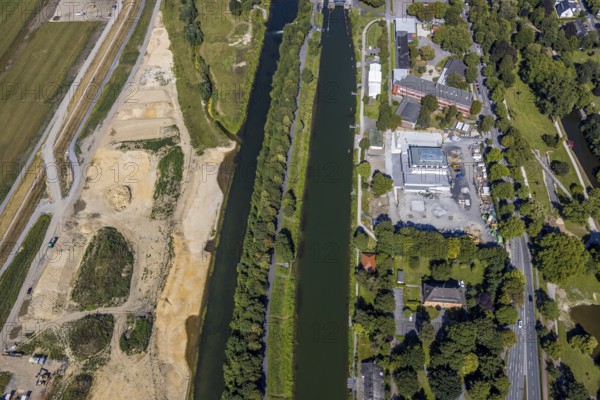 Aerial view, construction site Lippe floodplain, construction site water sports centre,