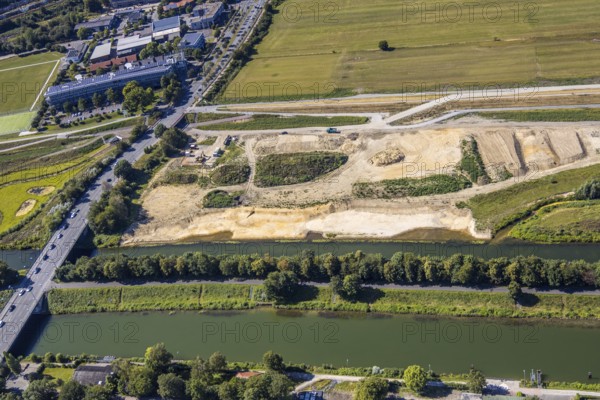 Aerial view, construction site Lippe floodplain, construction site water sports centre,