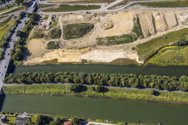 Aerial view, construction site Lippe floodplain, construction site water sports centre,
