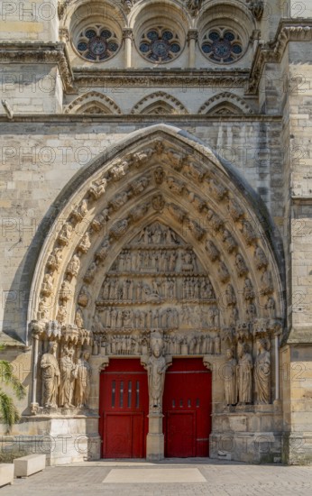 Portal of the north transept at the Reims Cathedral in Reims, the most populous city in the French